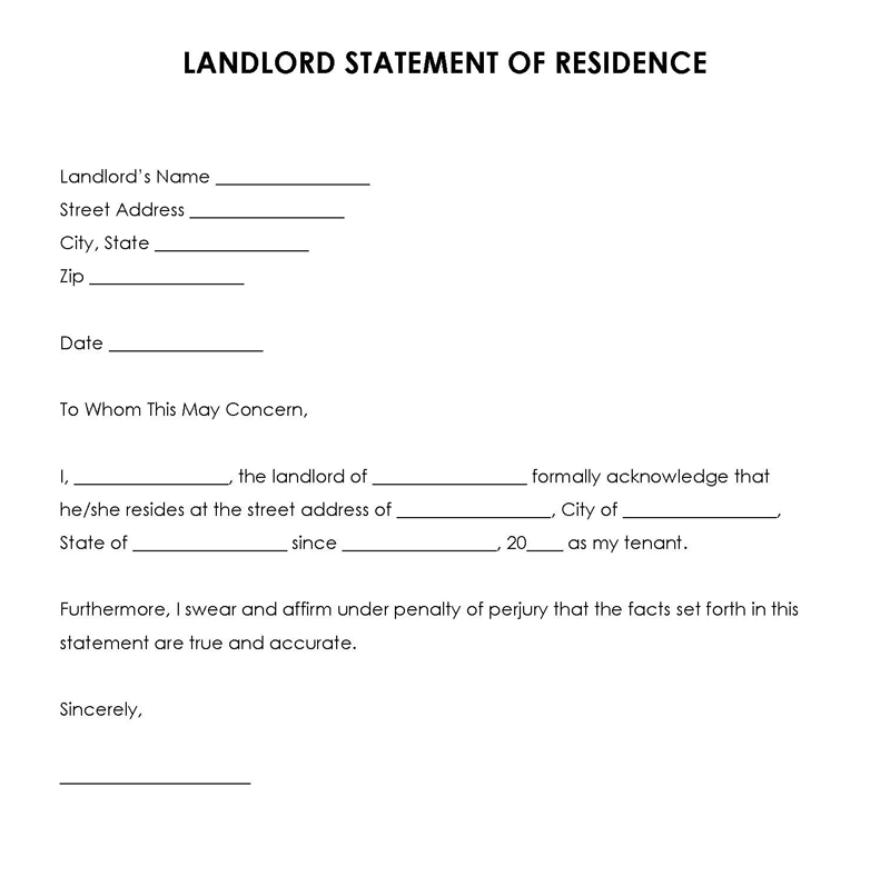 landlord statement of residence