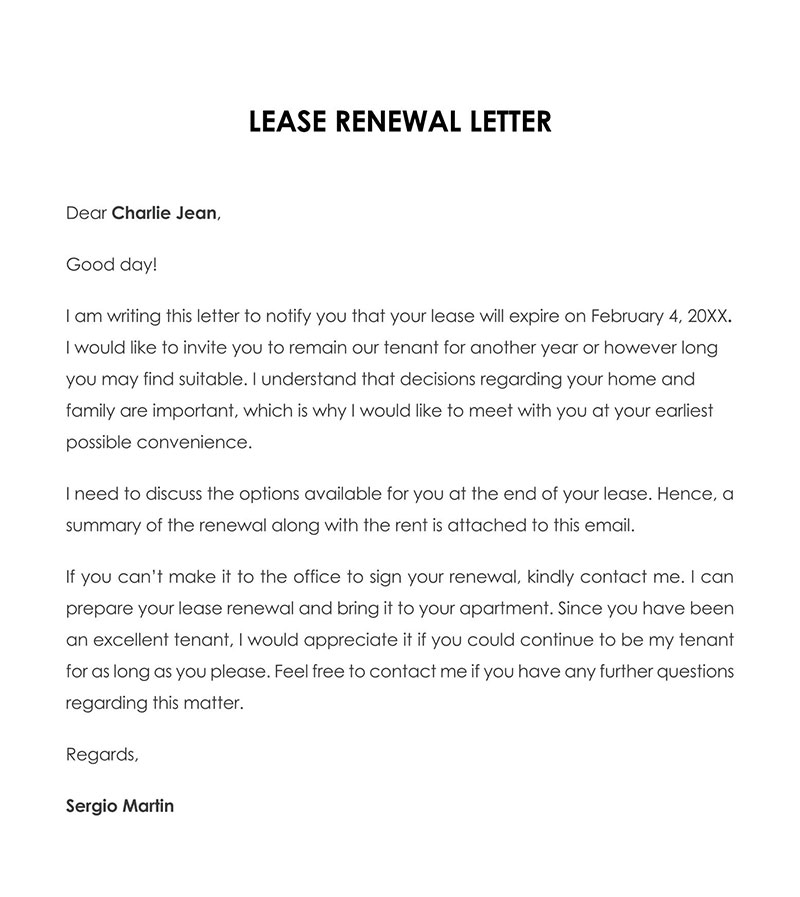 sample lease renewal letter to landlord