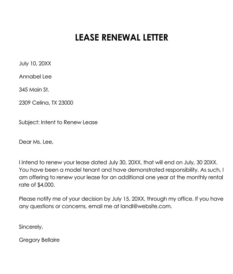 "Free Lease Renewal Letter Template"