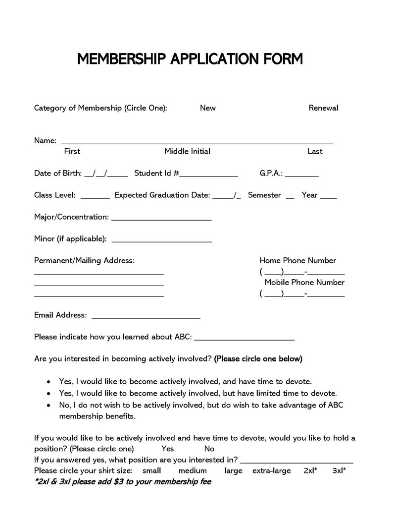 Professional membership form example