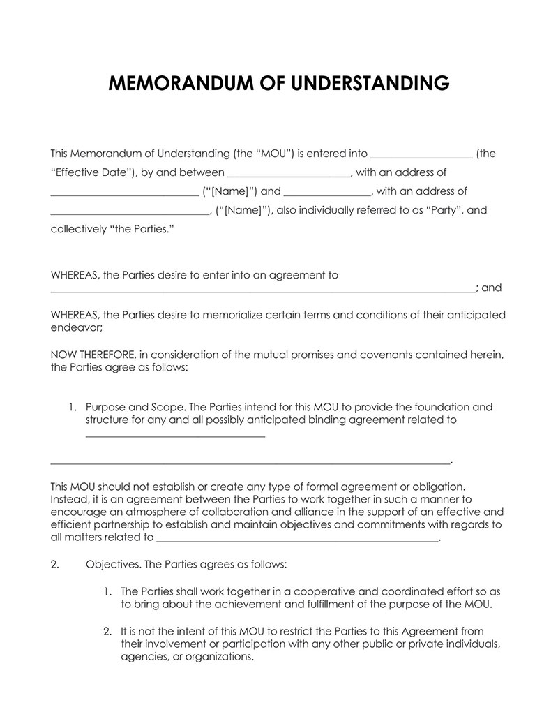 G Great Printable Memorandum of Understanding Between Parties Template 01 for Word File