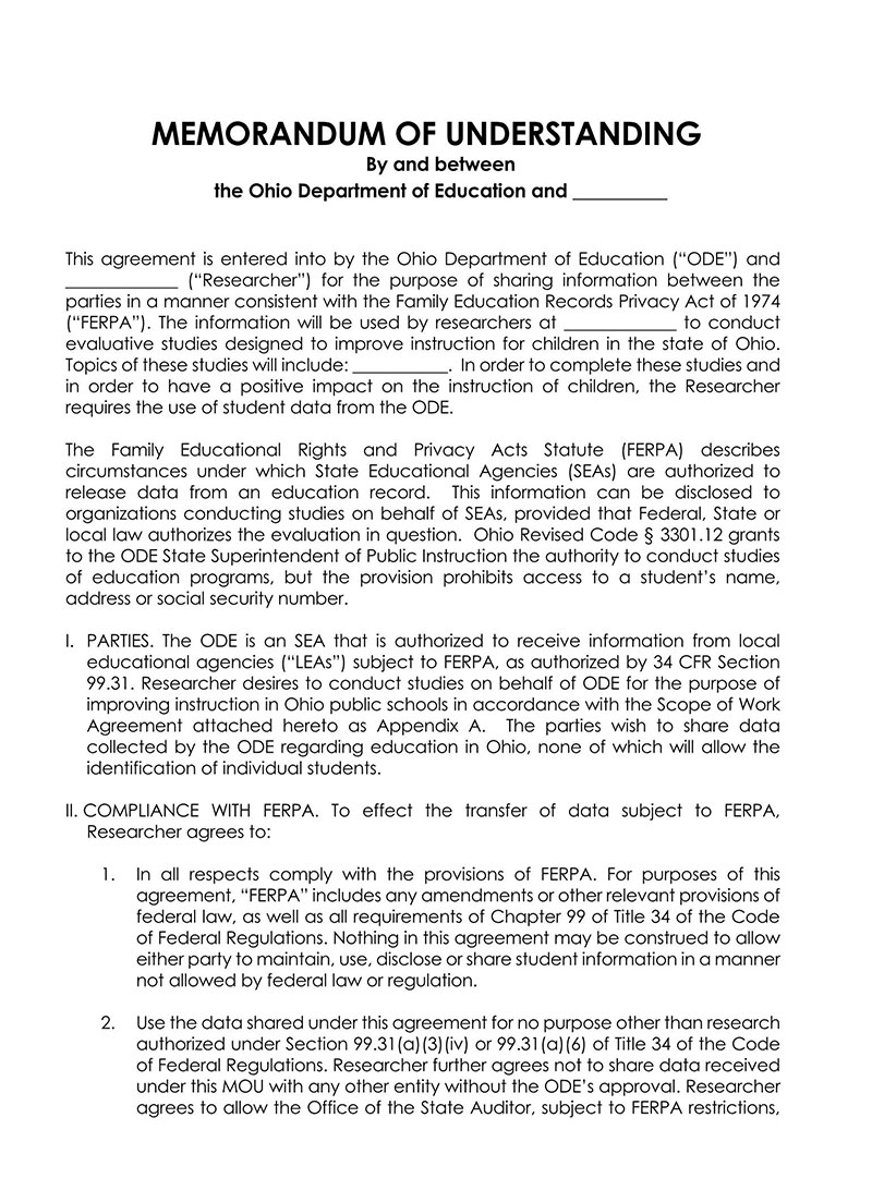 Free Editable Memorandum of Understanding Between Department of Education Template for Word File