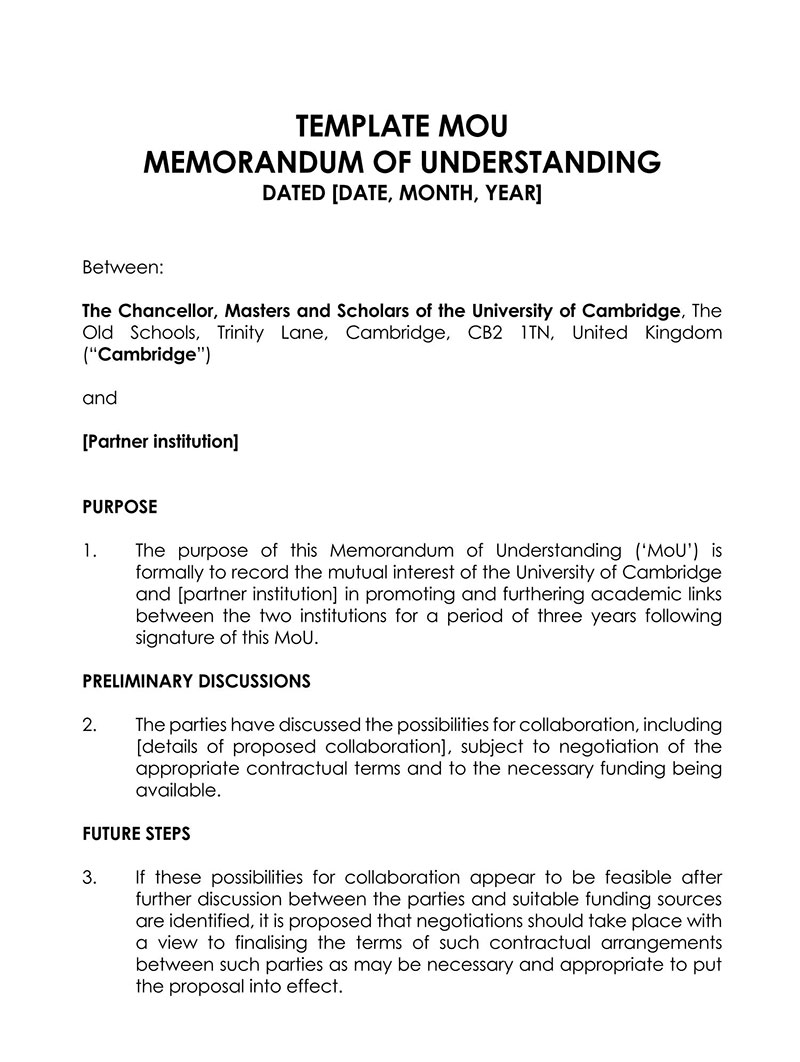 Free Editable Memorandum of Understanding Between University and Partnership Institute Template for Word File