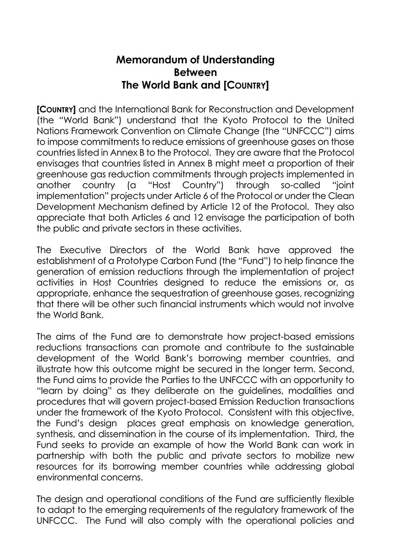 Professional Customizable Memorandum of Understanding Between World Bank and Country Template for Word Format
