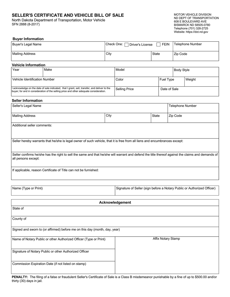 Free North Dakota Vehicle Bill of Sale Form (SFN-2888) for PDF