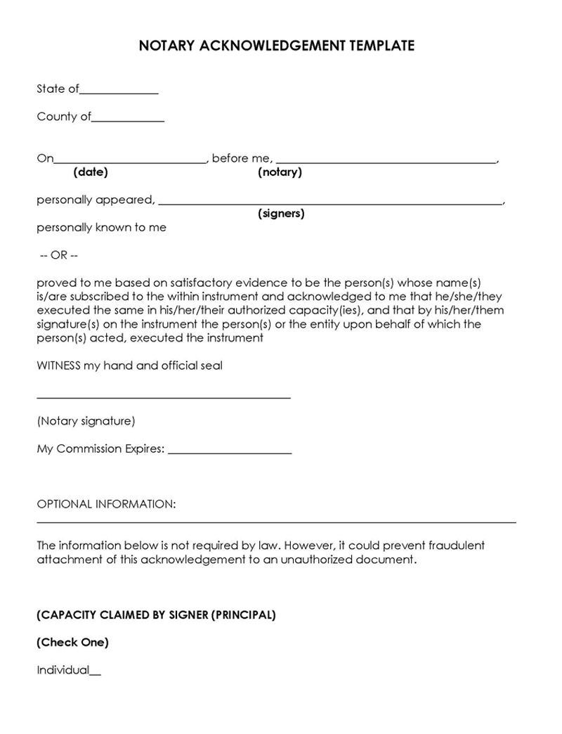 Notary Acknowledgment Form Template