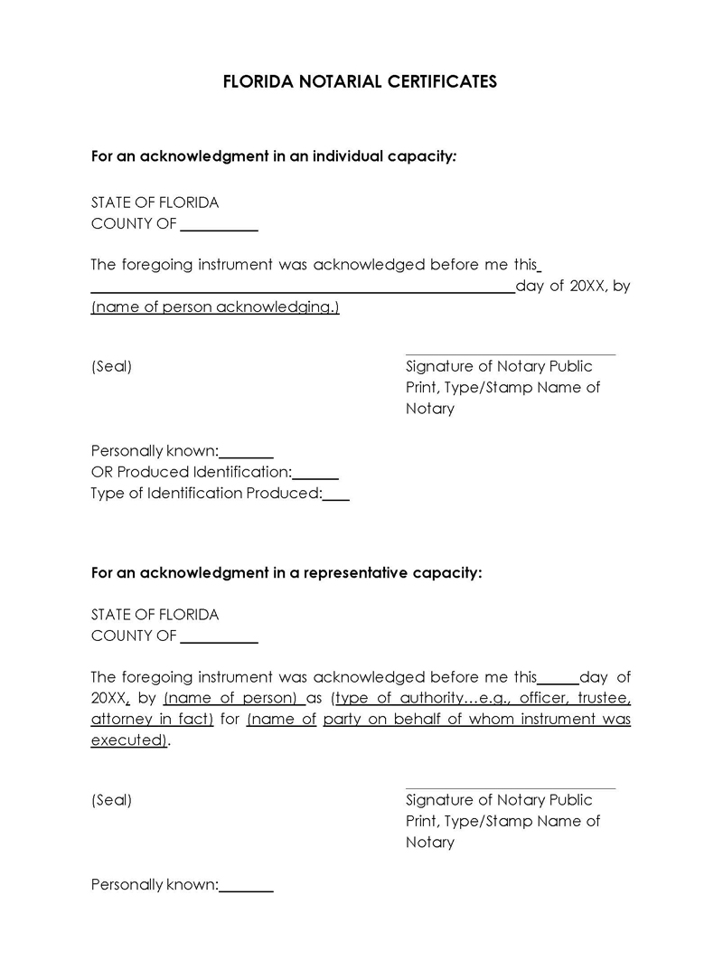 Free Printable Florida Notary Acknowledgement Template 01 for Word Document