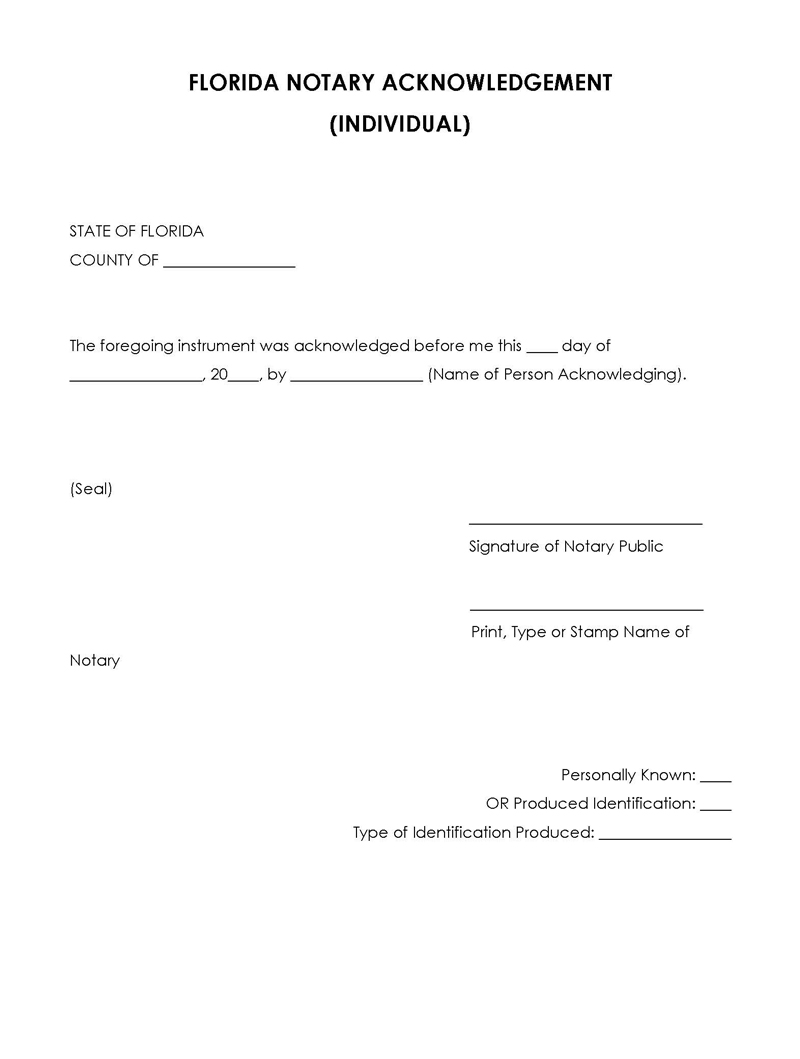 Free Printable Florida Notary Acknowledgement Template 02 for Word Document
