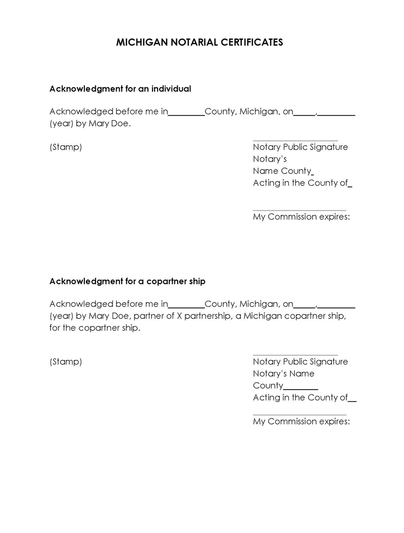Free Printable Michigan Notarial Certificates Template as Word Document