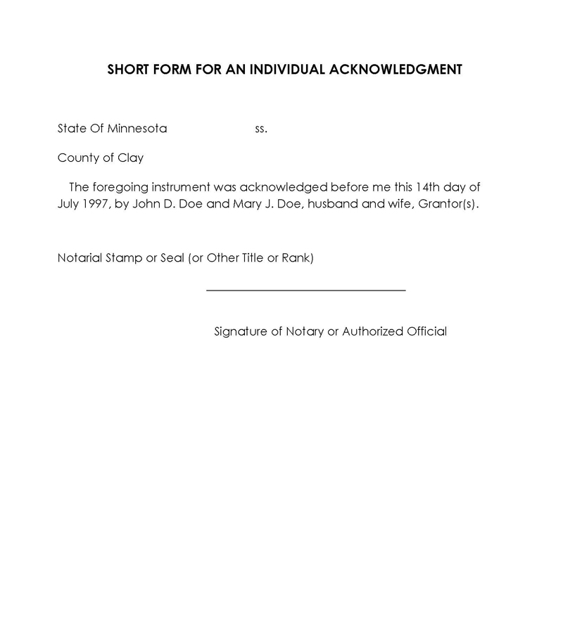 Professional Editable Individual Notary Acknowledgement Short Form for Word Document