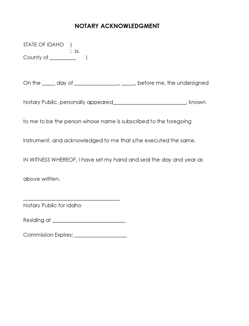 Professional Editable Idaho Notary Acknowledgement Template for Word Document