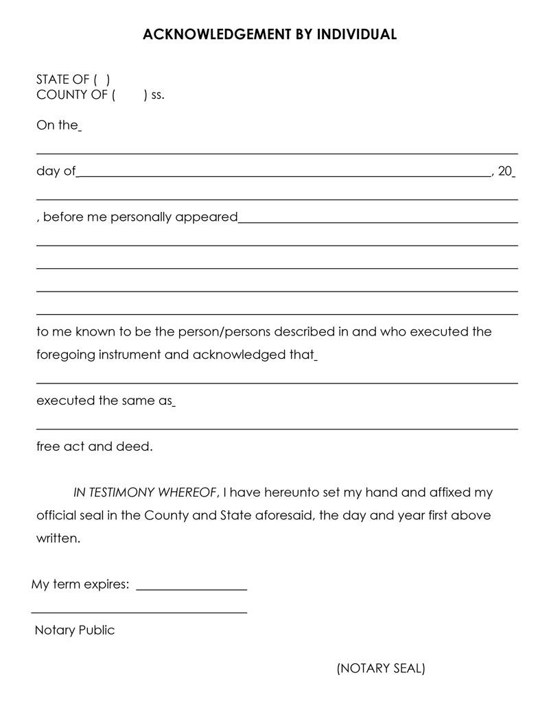 Free Printable Individual Notary Acknowledgement Template 01 for Word Document