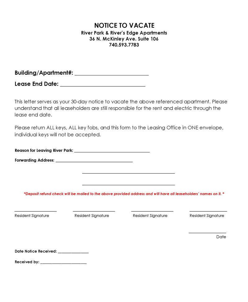 Professional Editable 30 Days Vacating Notice Template 01 for Word Document