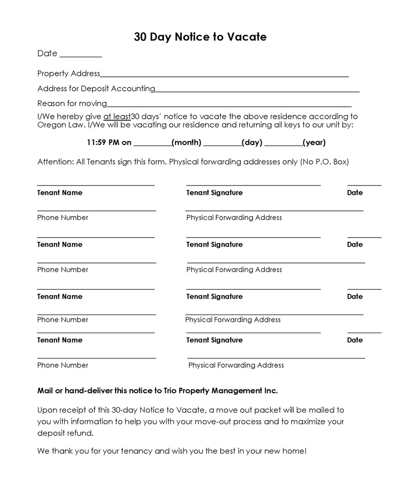 Concise Professional 30 Days Vacating Notice Template 04 for Word File