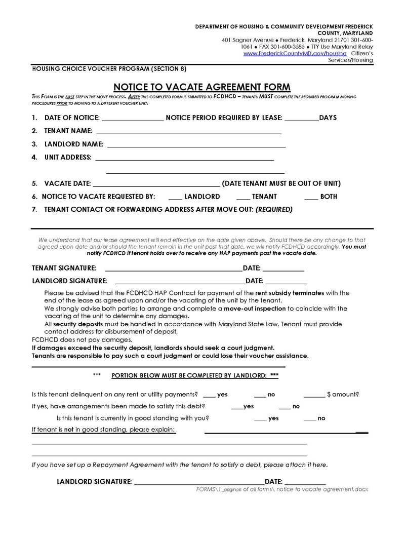 Free Printable Vacating Notice Agreement Form 02 for Word File
