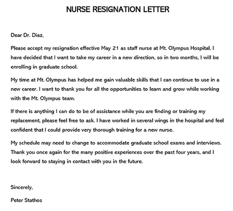nurse resignation email
