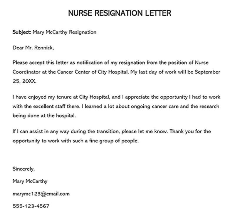 24 hours resignation letter for nurses