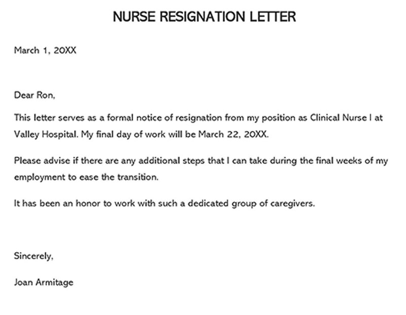 Great Downloadable Clinical Nurse Resignation Letter Sample for Word Document