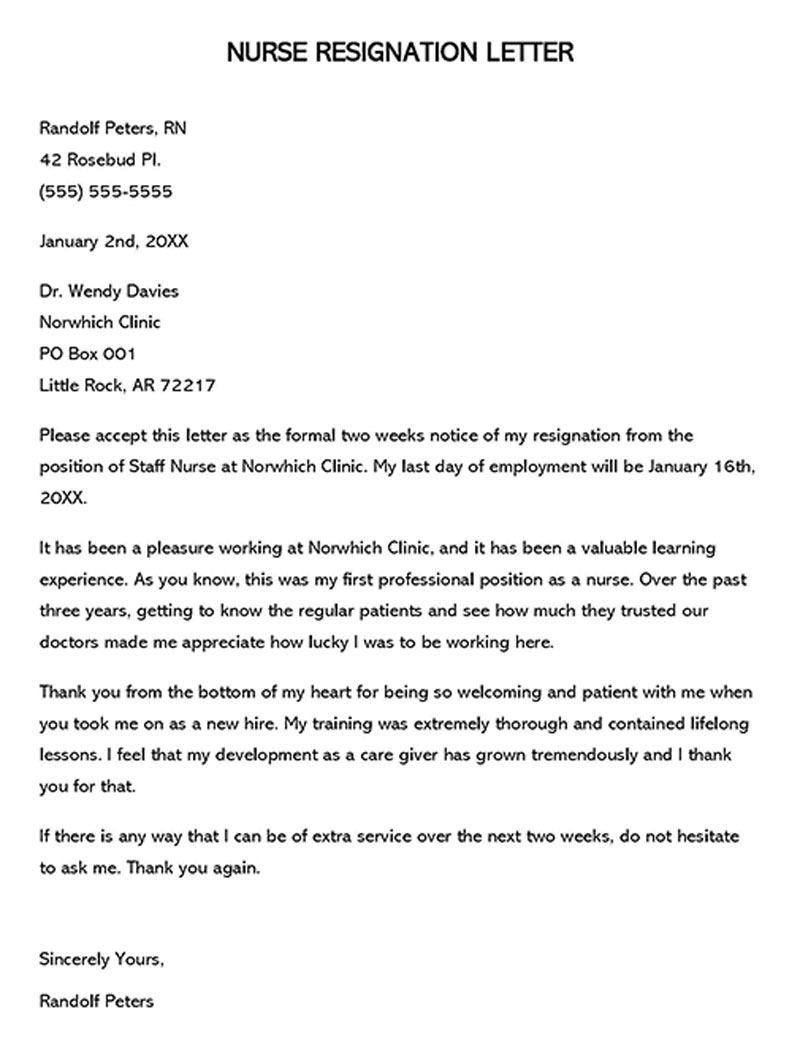 nursing resignation letter 2 week notice