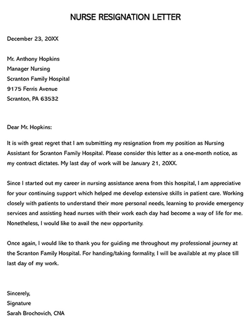 Free Printable Nursing Assistant Resignation Letter Sample for Word Format