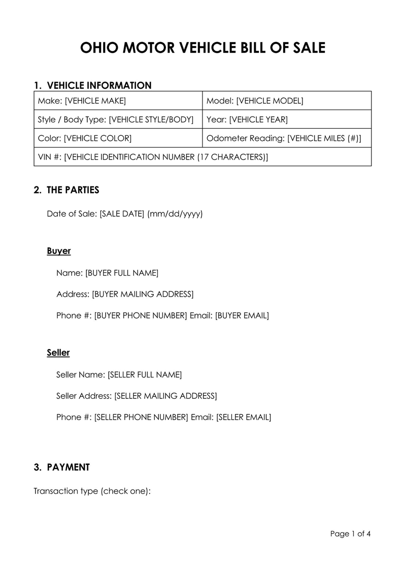 Free Ohio Vehicle Bill of Sale Form 02 for Word