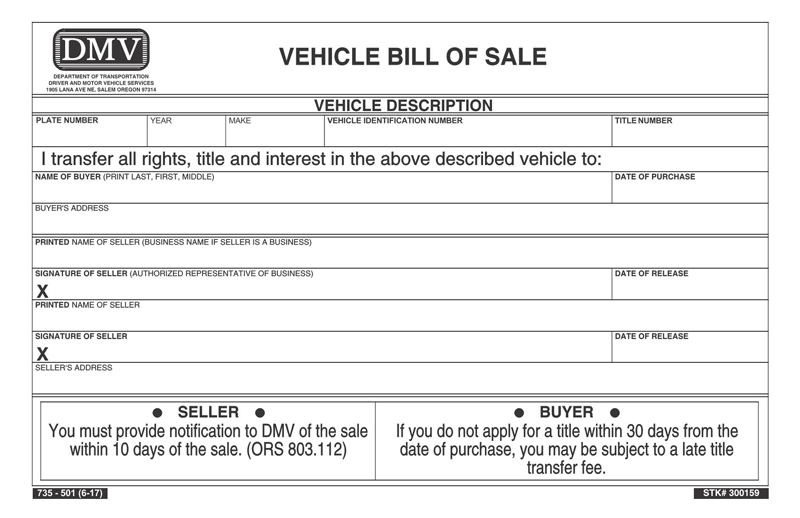 Free Oregon Vehicle Bill of Sale Form Template