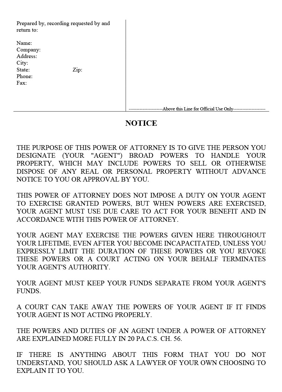 Pennsylvania Real Estate Power of Attorney Form