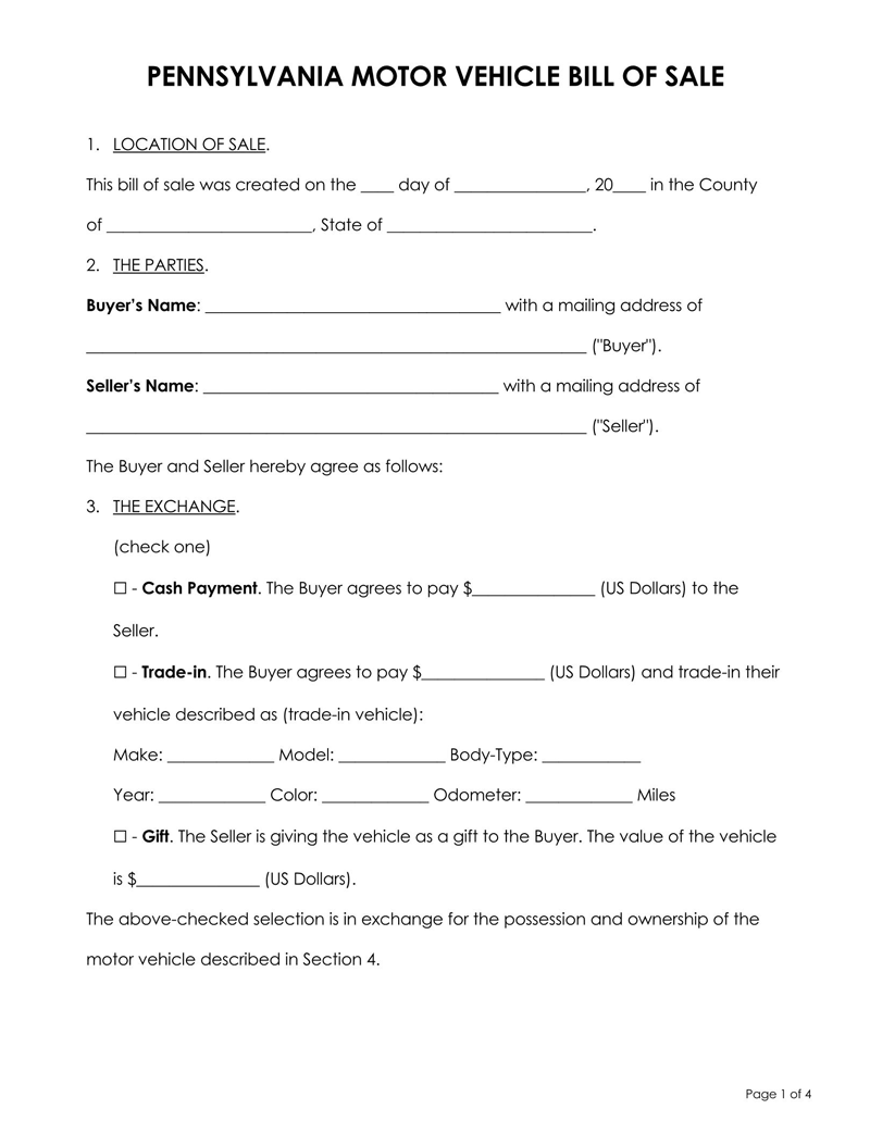 Vehicle bill of sale form