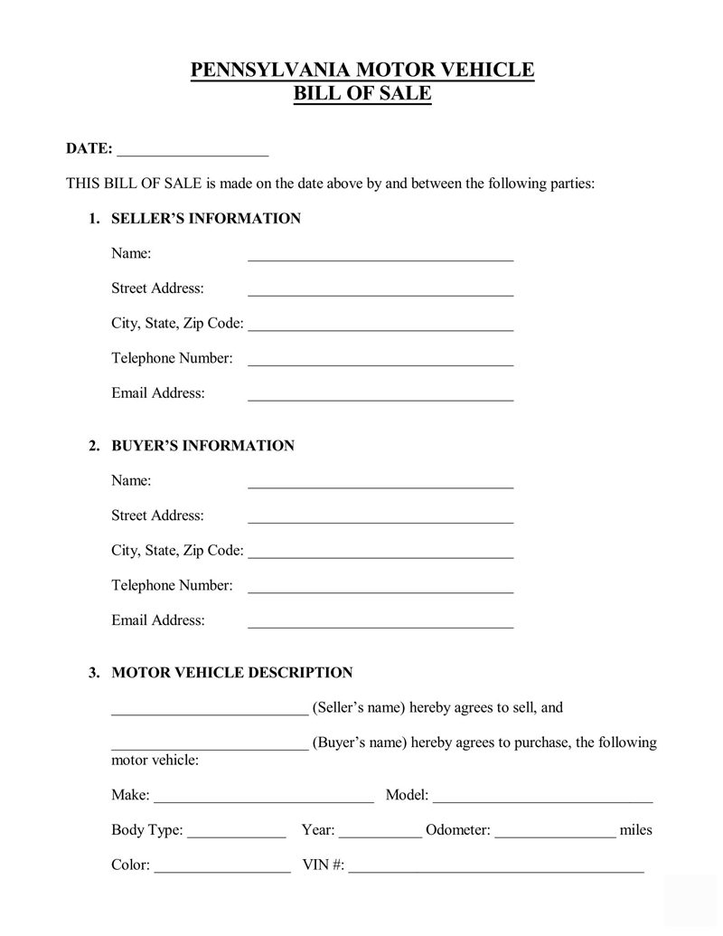 Editable Pennsylvania Vehicle Bill of Sale Form 02 in PDF