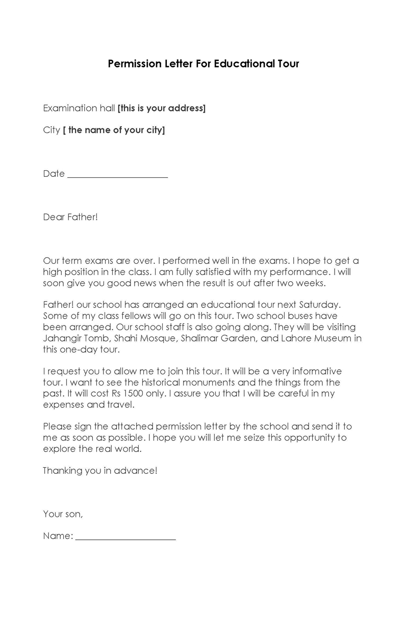 Printable Example for Permission Letter for an Educational Trip