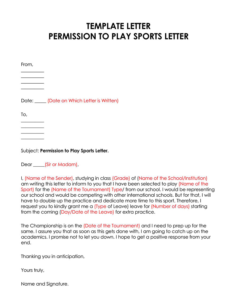 "Editable Sports Practice Permission Letter Template"
