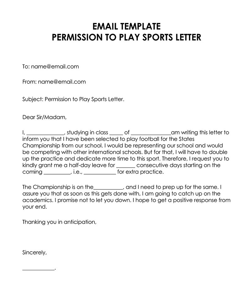 "Free Sports Practice Permission Letter Example"