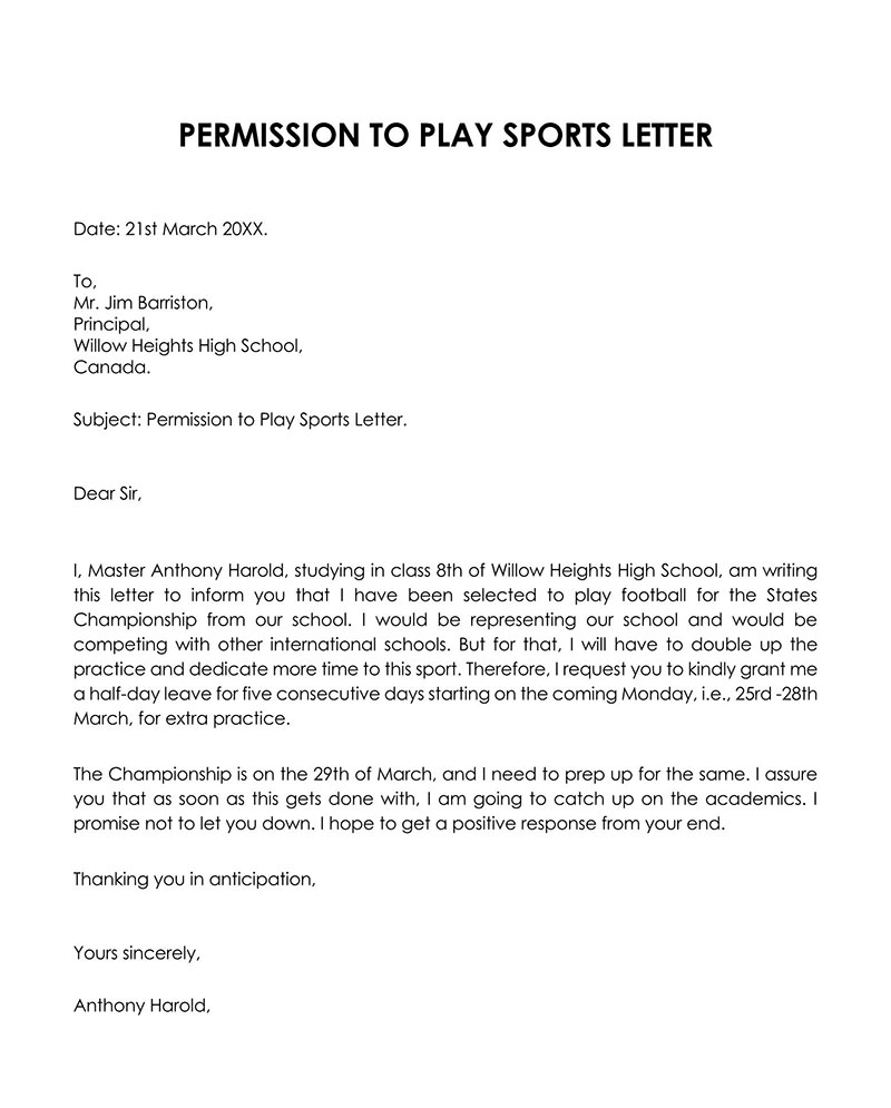 "Word Document Sports Practice Permission Letter"