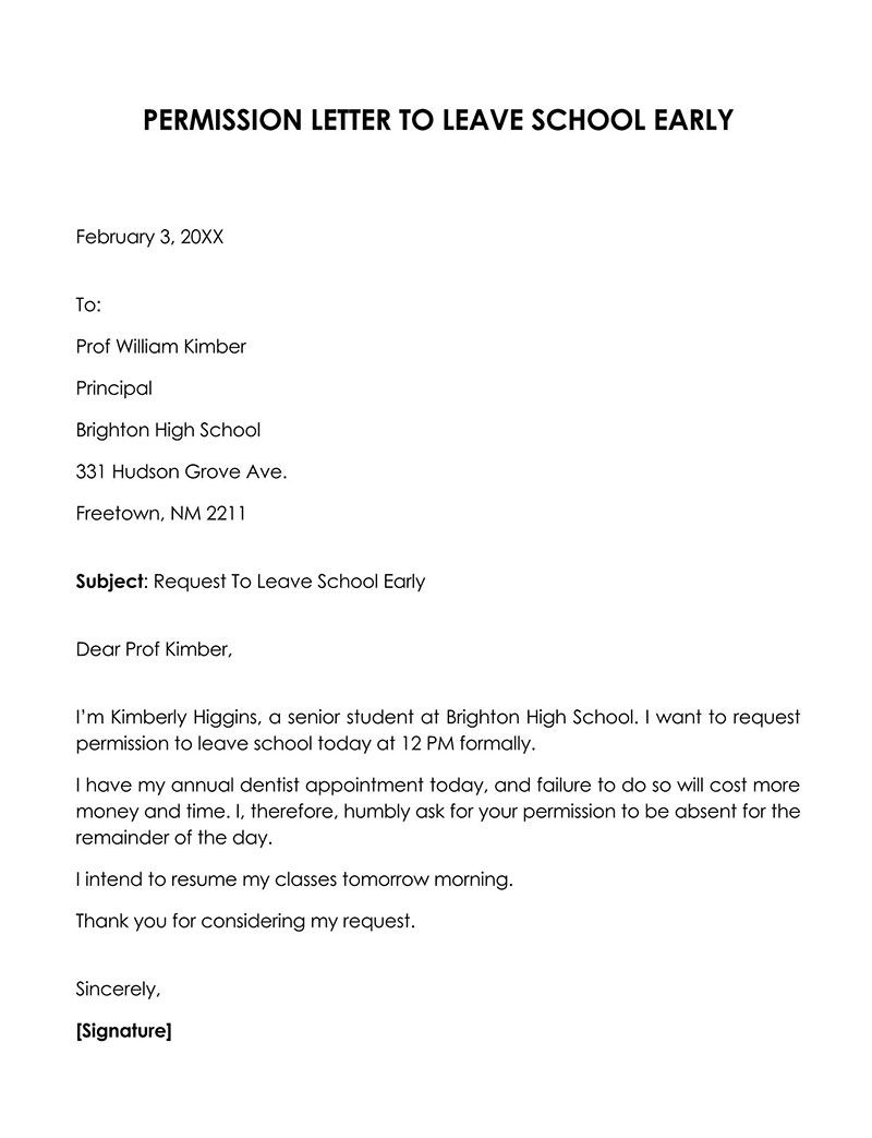 Free Permission Letter to Leave School Early Example