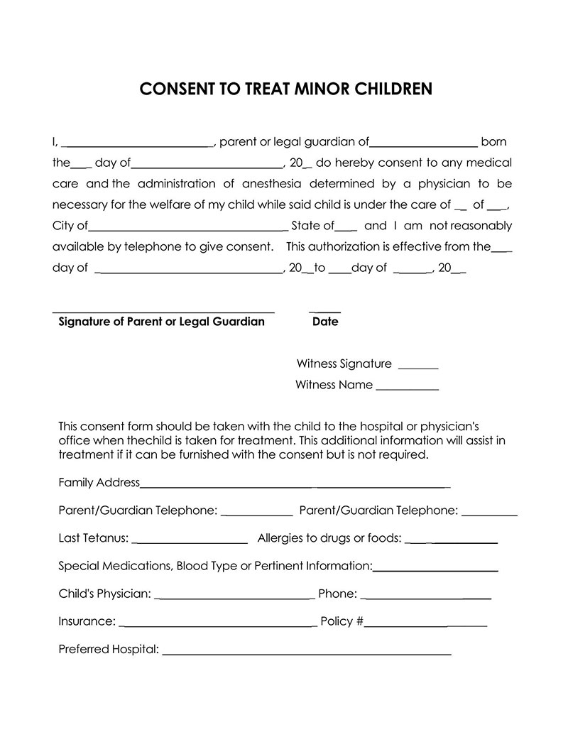 Free Consent to Treat Minor Children Template for Word File