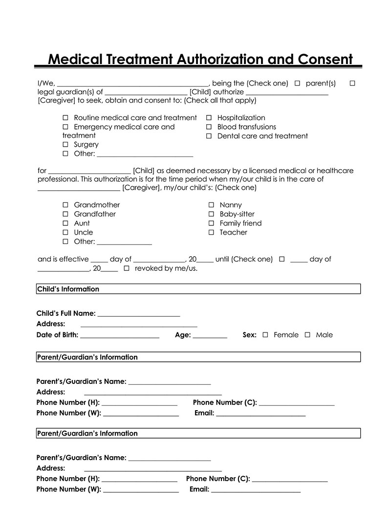 printable medical consent form for minor while parents are away