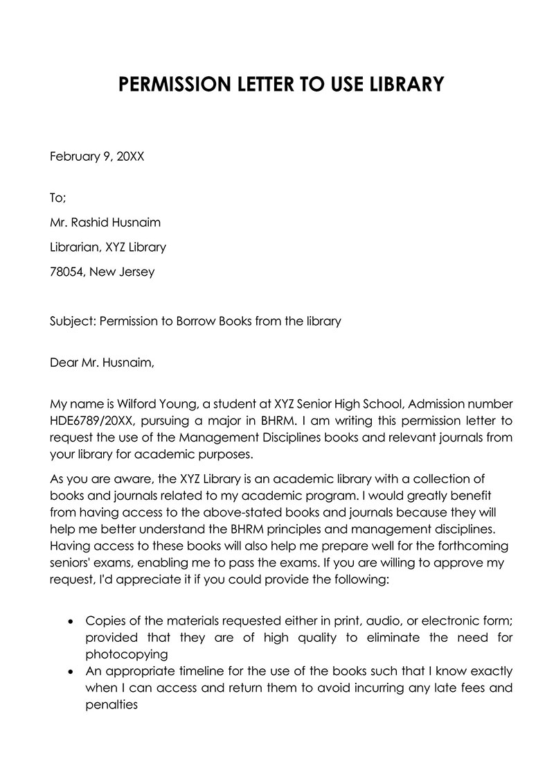 permission letter for library visit