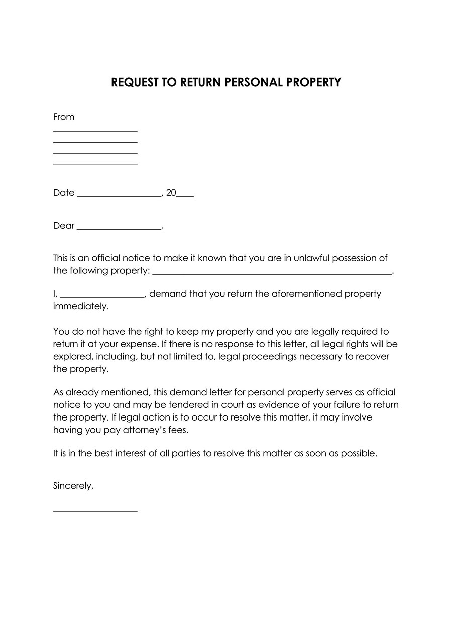 Free editable personal property demand letter template