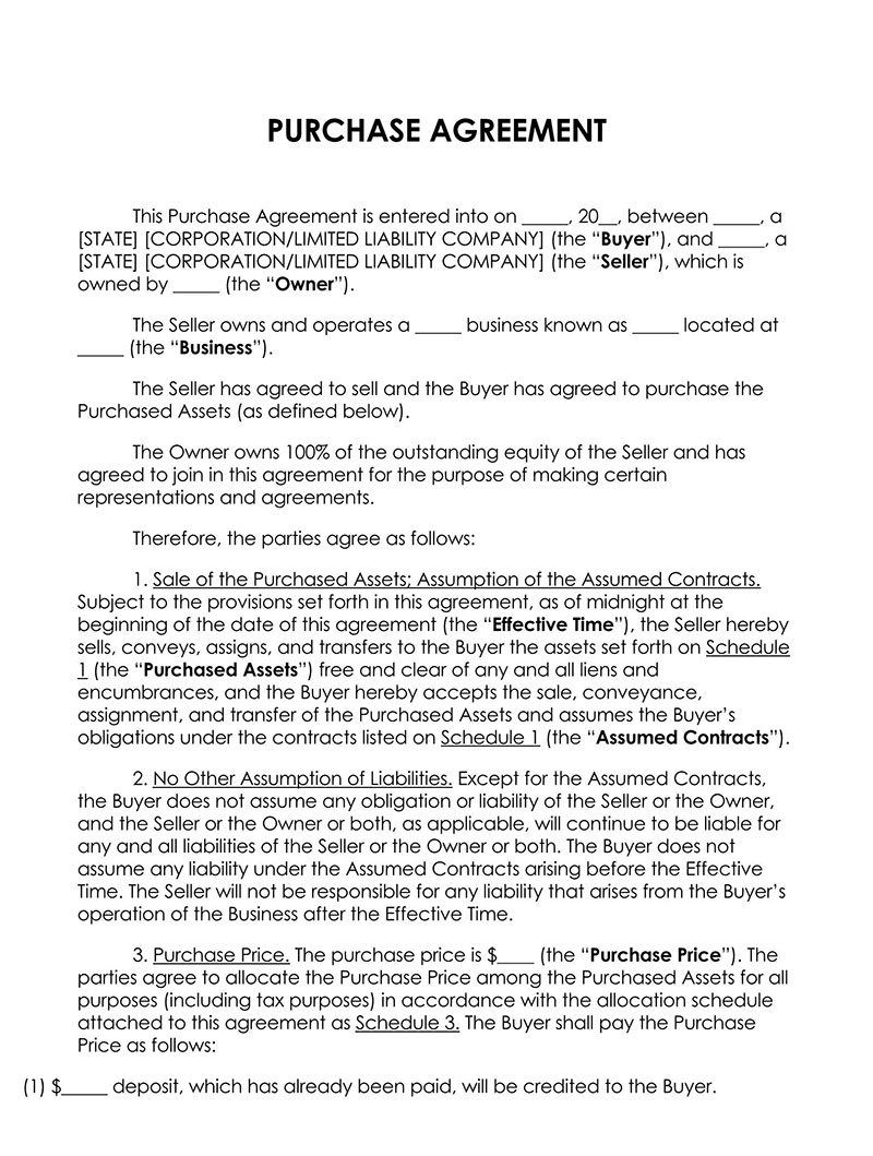 Free Editable Purchase Agreement Between Companies Sample for Word File