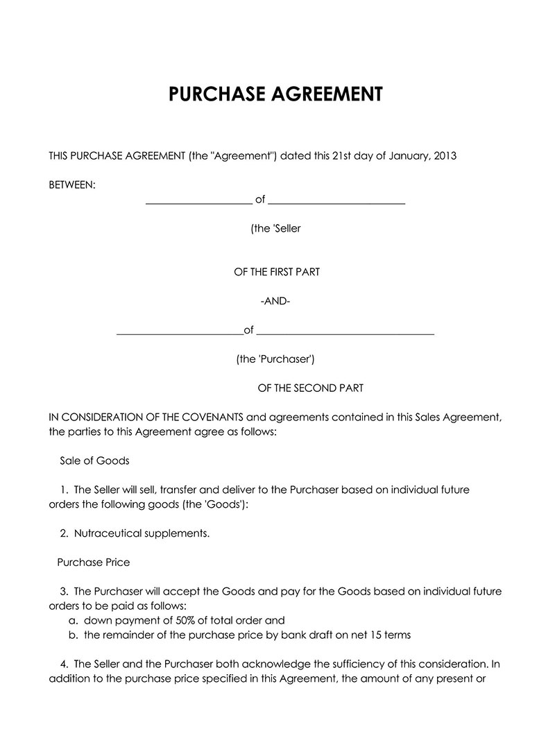 Great Editable Purchase Agreement Between Parties Sample 01 for Word Document