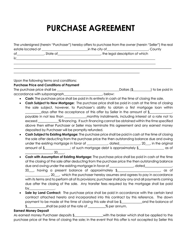 Great Editable Real Estate Purchase Agreement Sample 01 for Word Document