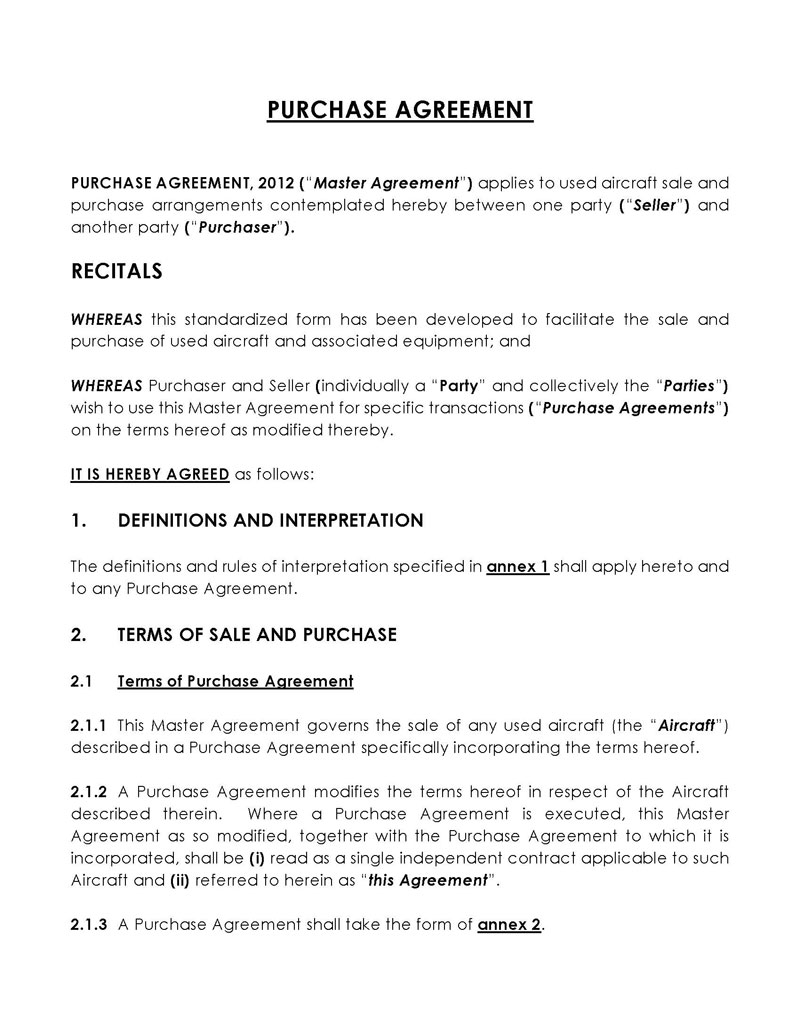 Free Editable Master Purchase Agreement Sample for Word File