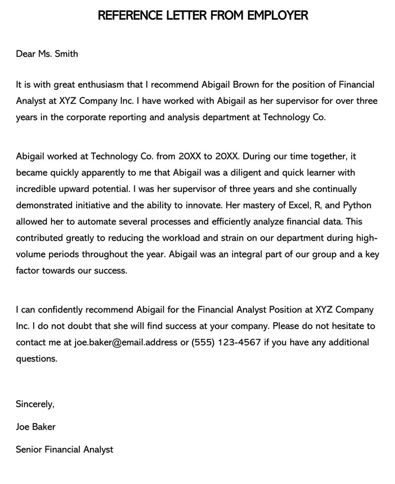 Professional Editable Reference Letter for Financial Analyst Sample for Word Format