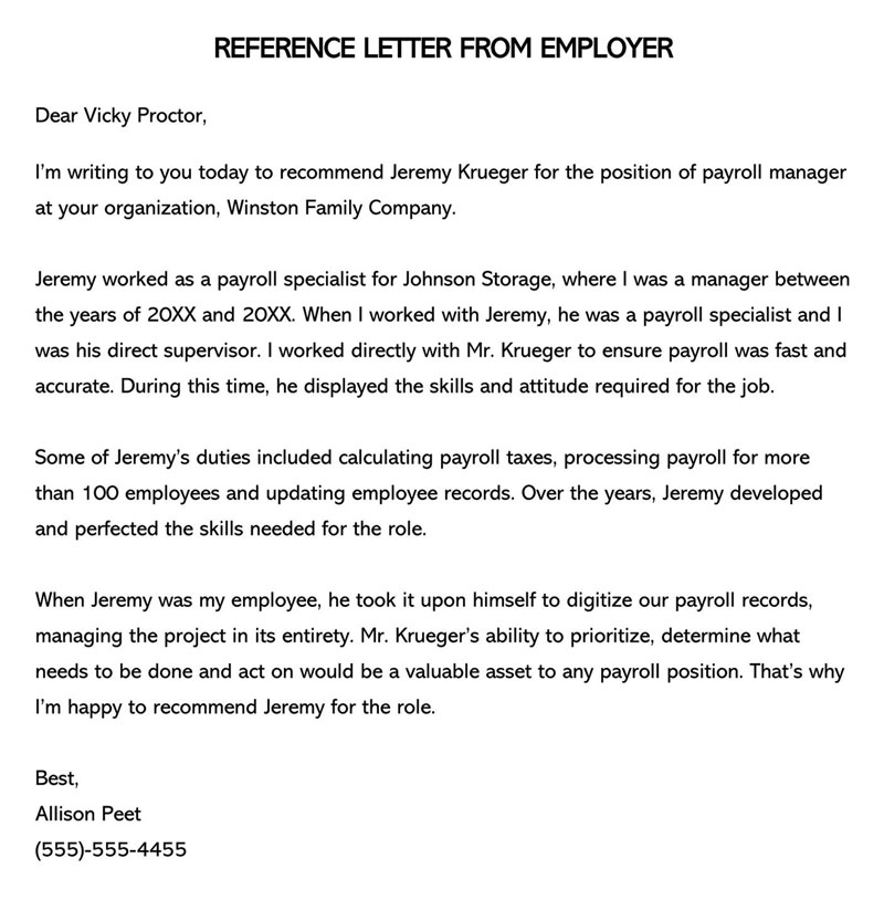 Professional Editable Reference Letter for Payroll Manager Sample for Word Format