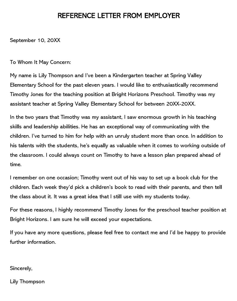 Professional Editable Reference Letter for a Teacher Sample for Word Format