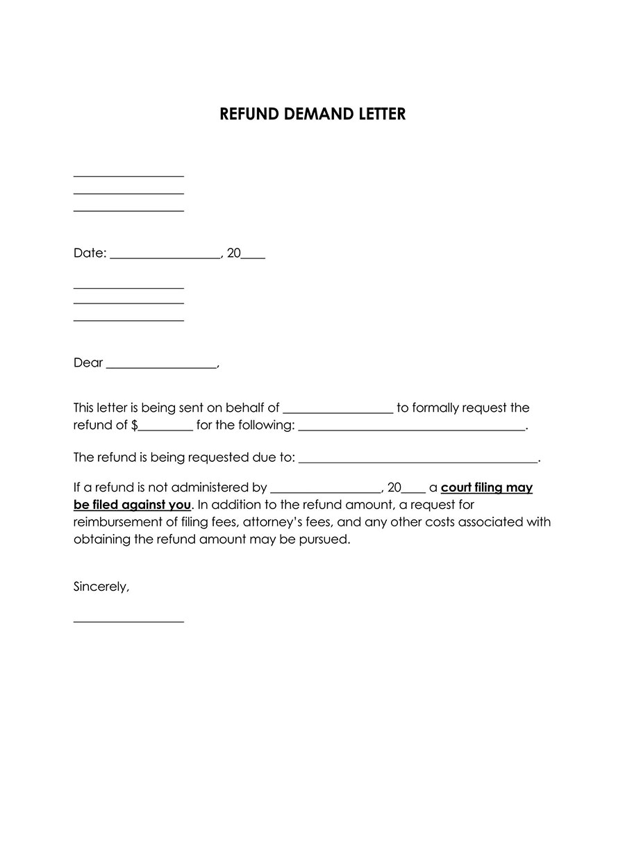 Printable refund demand letter template sample