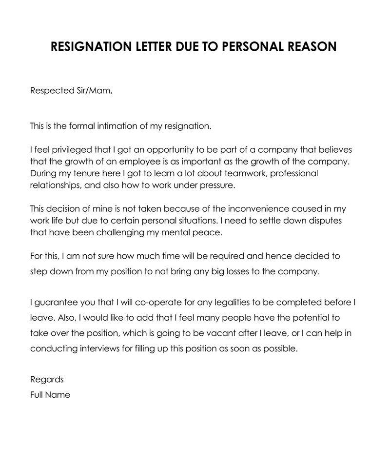 Free Downloadable Resignation Letter Due to Personal Reasons Sample 04 for Word Document