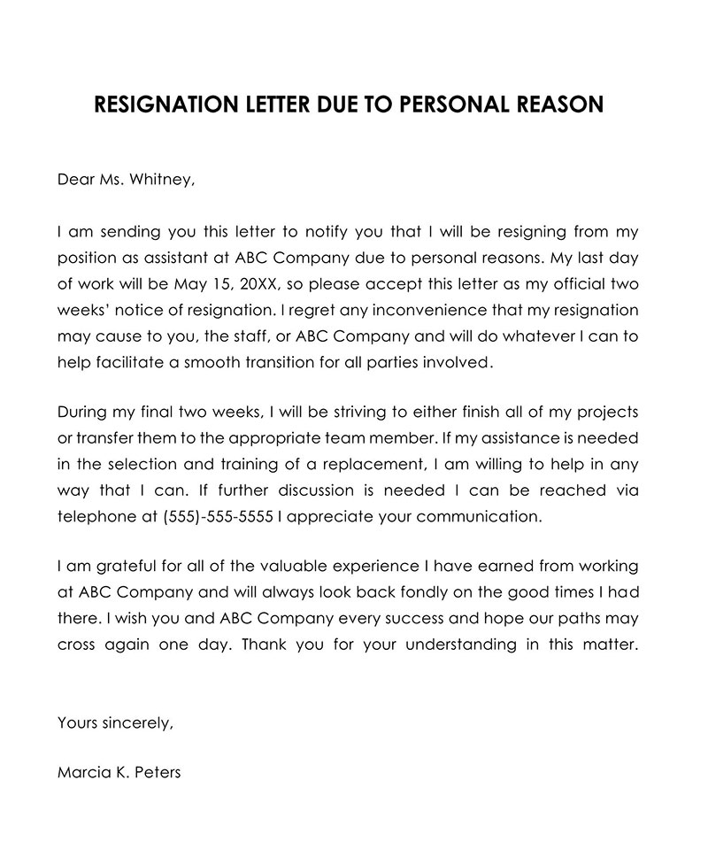 Great Comprehensive Resignation Letter Due to Personal Reasons Sample 08 for Word Format