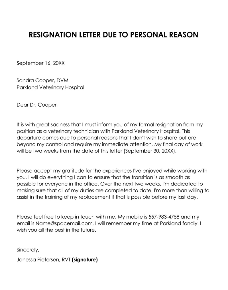 Free Downloadable Resignation Letter Due to Personal Reasons Sample 01 for Word Document