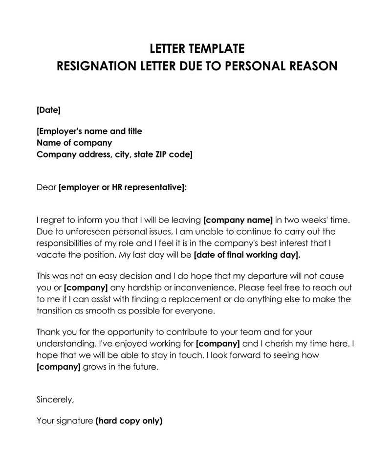 Free Downloadable Resignation Letter Due to Personal Reasons Sample 02 for Word Document